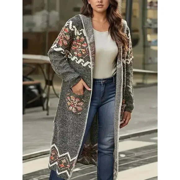 Sweater Womens Plus Cardigan Gray Hooded Long Duster Aztec Pockets - Picture 2 of 6